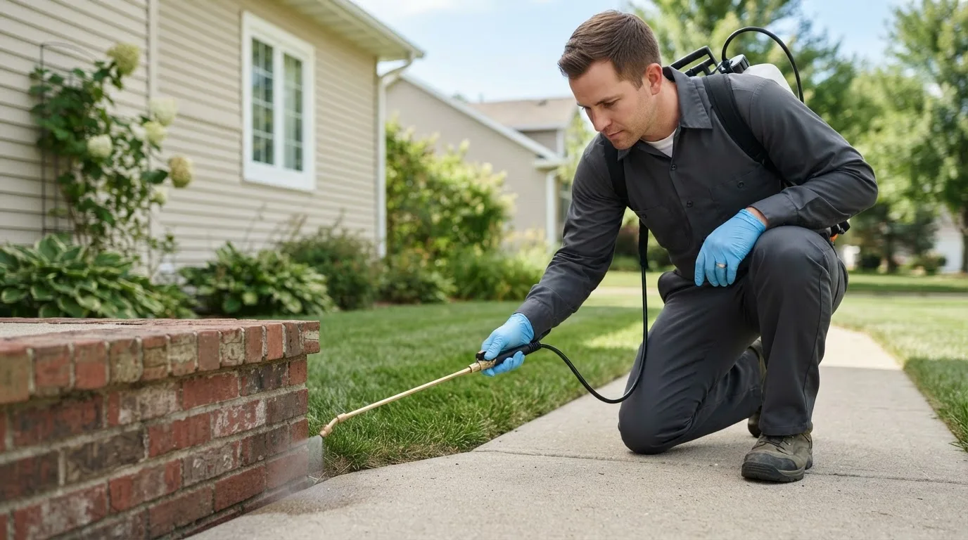 Pest control technician treating a home near Riegelwood, NC
